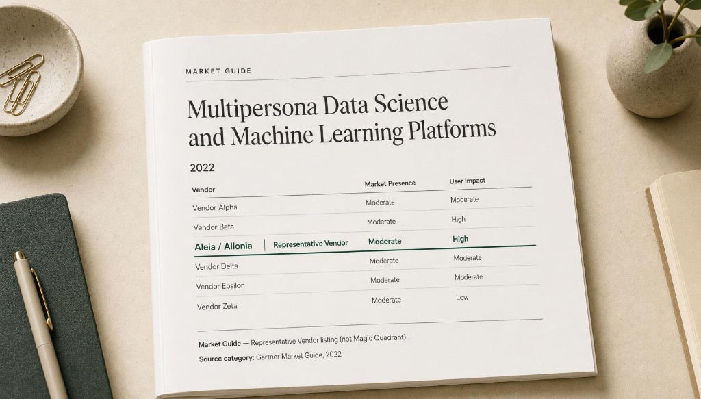 Editorial desk photo of a 2022 Market Guide page highlighting Aleia / Allonia as Representative Vendor for Multipersona Data Science and Machine Learning Platforms — not Magic Quadrant.