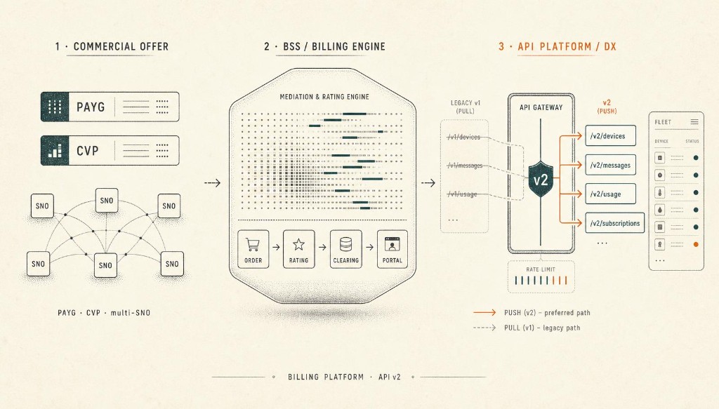 Billing platform and API v2: PAYG/CVP multi-SNO offer into BSS mediation, then push-first API gateway and fleet surface.