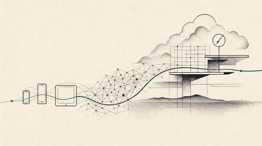 Editorial illustration: devices and a product path flowing through a network into platform outcomes.